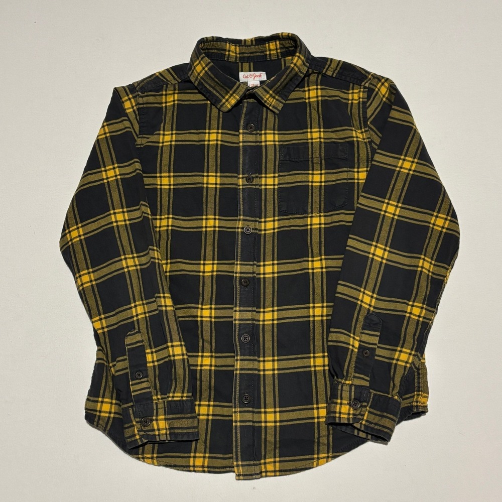 Cat Jack Kids Boys Long Sleeve Flannel Shirt Black Yellow Plaid Size L 10/12 - Picture 2 of 8